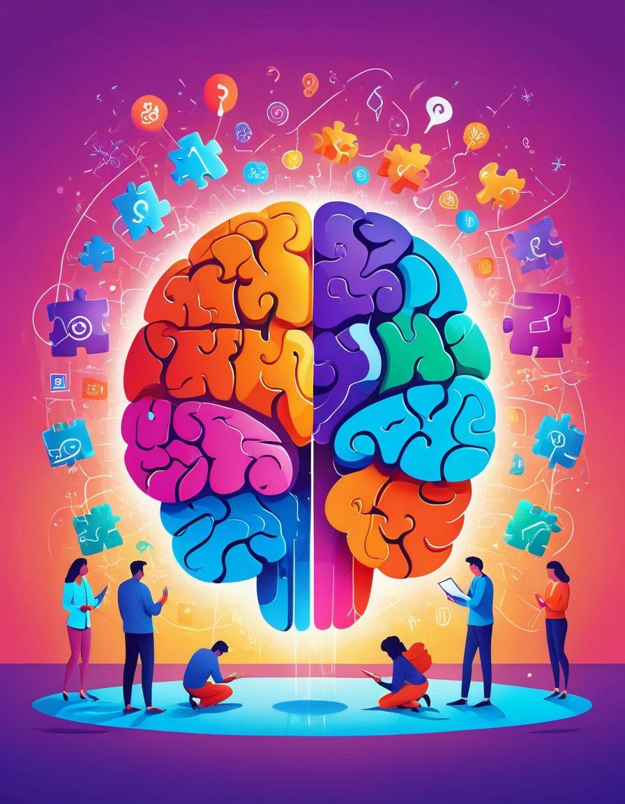 A diverse group of individuals engaged in different cognitive ability tests, including puzzles, logical reasoning games, and IQ test sheets. The background features a vibrant brain illustration with glowing neural connections, representing heightened intelligence and cognitive function. The setting is bright and modern, with an atmosphere of focus and curiosity. vector art. vibrant colors.