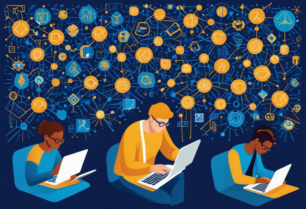 A dynamic collage featuring diverse individuals engaging in interactive cognitive challenges on various devices like laptops, tablets, and smartphones. Elements include brain illustrations, IQ test icons, and engaging geometric patterns that symbolize mental agility. Background should have vibrant hues of blue and gold to convey a sense of inspiration and achievement. vector art. vibrant colors.