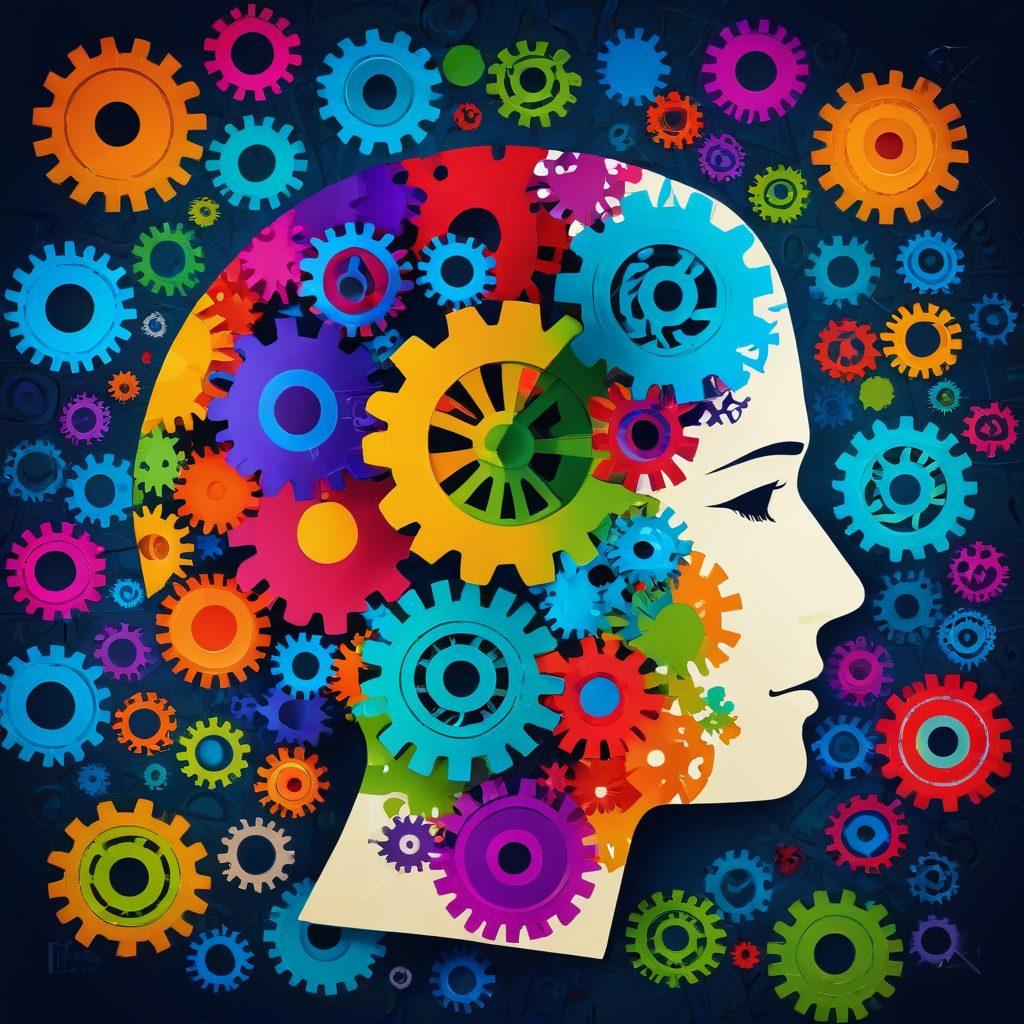 A vibrant scene of a person joyfully solving a complex puzzle with colorful gears and brain icons floating around, symbolizing mental performance. The background should have a blend of abstract patterns representing cognitive functions and intelligence. Include a rising graph or upward arrow subtly integrated to indicate progress and elevation. super-realistic. vibrant colors.
